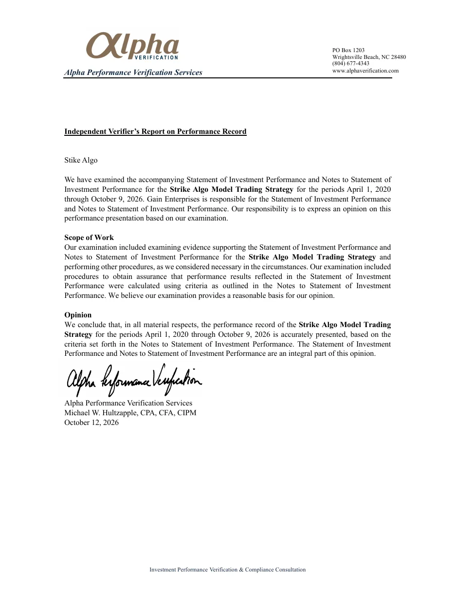 Independent Verifier's Report on the Strike Algo performance record, signed by Michael W. Hultzapple, CPA, CFA